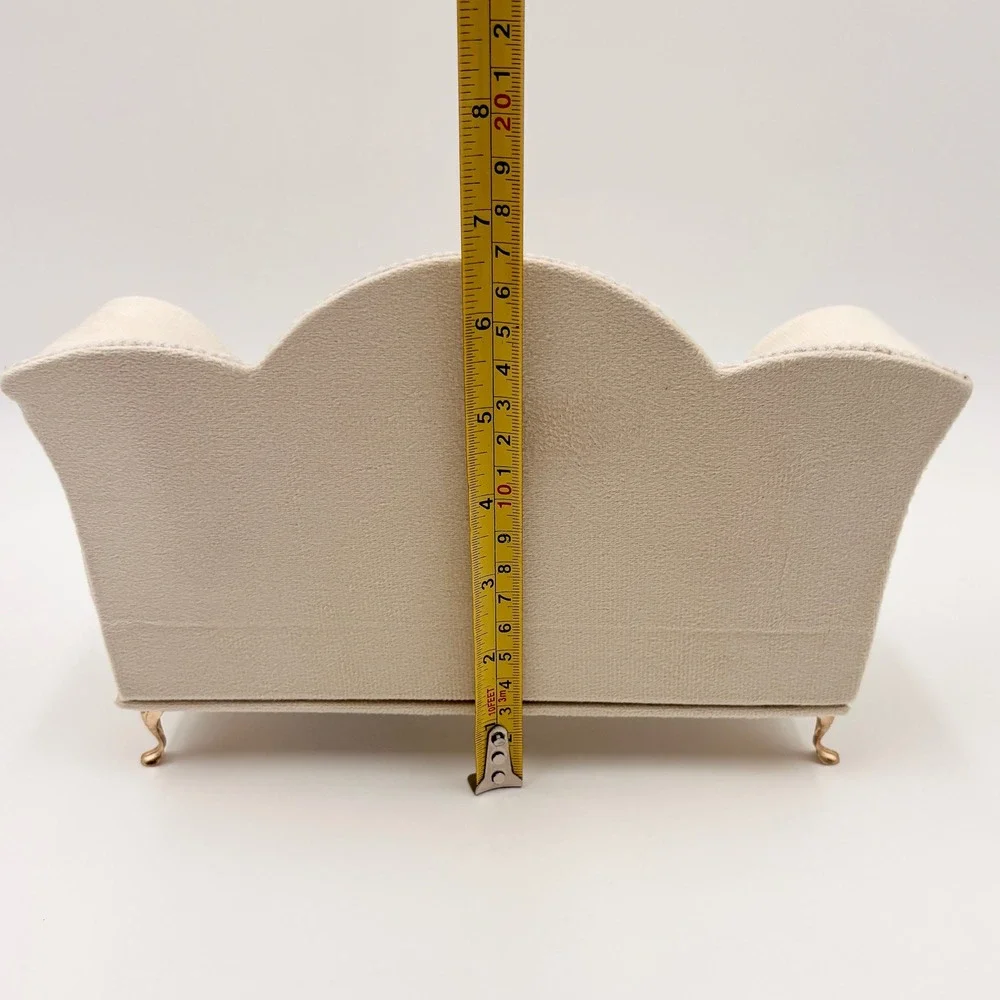 Cream Velvet Miniature Sofa Jewelry Box Scalloped Couch Trinket Organizer Mirror
